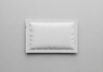 A single blank white sachet with a textured border, presented flat on a light gray surface