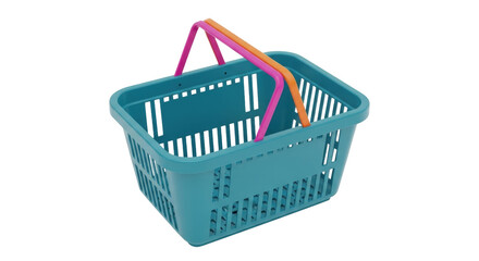 Isolated blue plastic shopping basket with pink and orange handles, retail product carrier