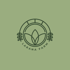 Elegant minimalist logo design for 'Larana Farm' featuring stylized leaves and circular emblem, perfect for branding organic products and agricultural businesses.