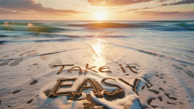 Sunset Over Beach with Sand Writing of Take It Easy Inspiring Tranquility and Serenity