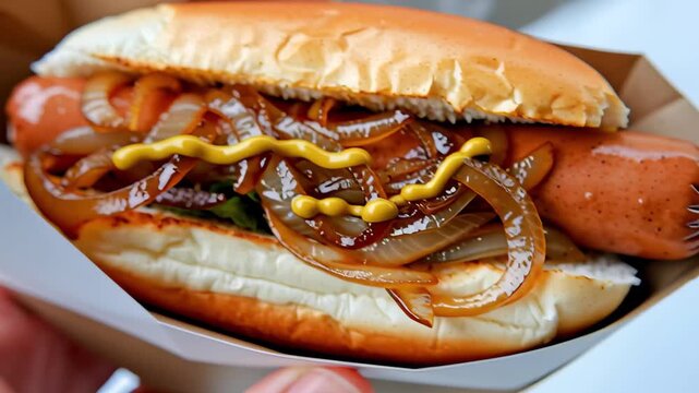 The best organic hotdog Delicious hot dog topped with onions and mustard in a bun.	
