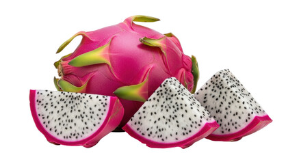 Isolated Dragon fruit still life with a whole pitaya and three cut slices of pitahaya