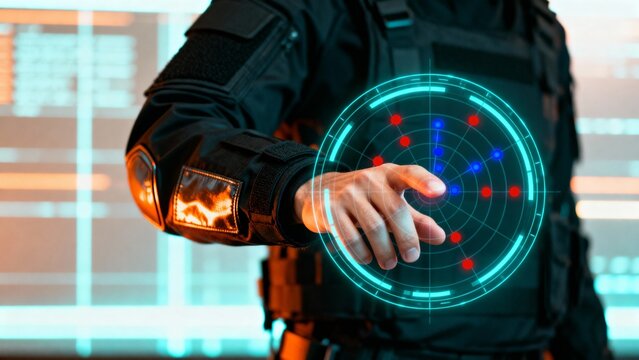 Advanced security technology Augmented reality interface with officer's finger touching a digital radar