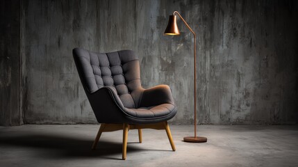 Modern armchair and lamp against concrete wall interior design element