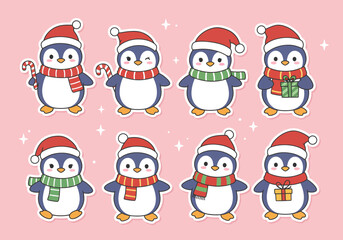 Fototapeta premium A set of 6 cute Christmas stickers featuring penguins wearing Santa hats, holding candy canes and presents, pastel cartoon flat style, soft warm light, isolated on white background.