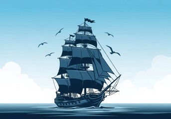 Illustration of vintage ship sailing on the ocean isolated on white background for travel