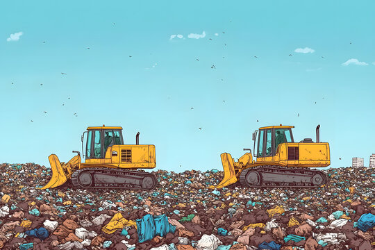 Large landfill full of trash with bulldozers working diligently - illustrating the scale of waste generation blue background