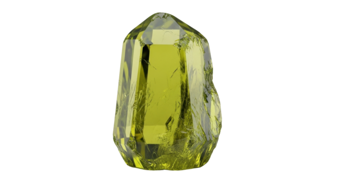 Isolated raw peridot crystal with rough edges, displaying internal clarity & brilliance