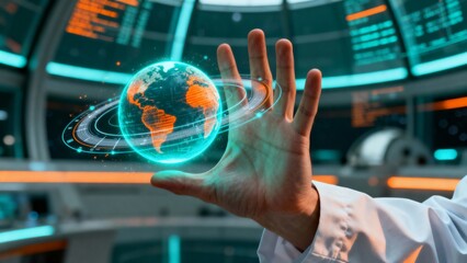 Advanced technology concept showing a hand controlling a luminous digital Earth hologram in a futuristic command center