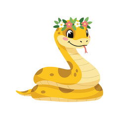 Fototapeta premium Cute cartoon snake with flower wreath adorable reptile illustration vector