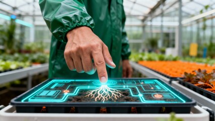 Futuristic farming technology agricultural scientist using a holographic interface to analyze plant root systems in a greenhouse