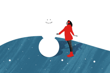 Sketch composite trend 3D collage of season advent Christmas holiday greeting card happy winter young lady stand huge snowman outdoors