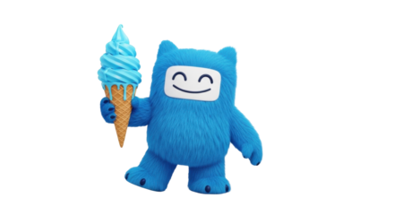 Isolated blue monster holds an ice cream cone cute cartoon mascot illustration happy joyful