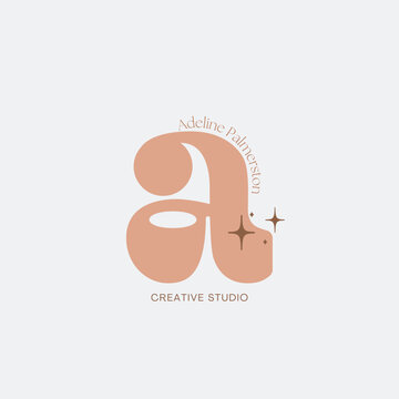 Chic retro 'a' logo with 'Adeline Palmerston Creative Studio' text and starry accents offers a modern, artistic brand identity.