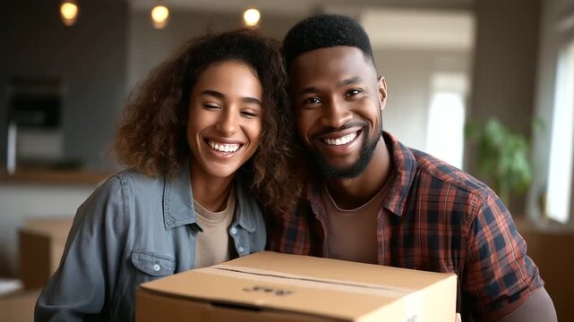 Happy Couple Lifting Cardboard Box in New Apartment Enthusiastic Teamwork with Box Labels and Tape Visible Under Bright Overhead Lights Sunlit Rooms with Empty Spaces and Fresh