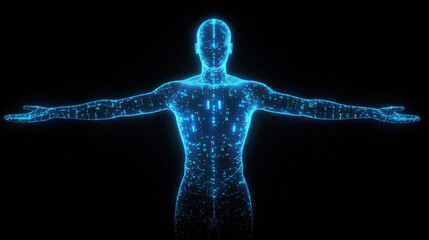 Digital human body with glowing blue lines on a black background. This futuristic illustration depicts a human form constructed from digital data, perfect for technology concepts.