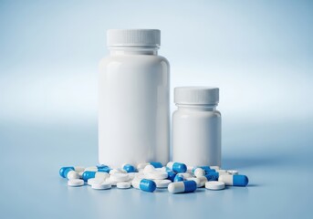 Two white medicine bottles with white caps, surrounded by a pile of white and blue capsules and pills