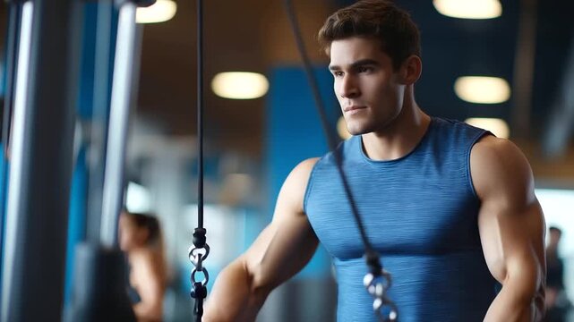 Determined Athlete Performing Triceps Pushdown Exercise in Gym Cable Machine Details with Pulley Systems and Focused Posture Fitness Mirrors Reflecting Form and Dedication to Mus