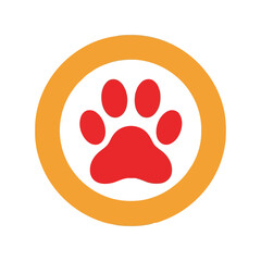 Red paw print in orange circle symbol cute animal care icon pet lover graphic vector