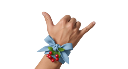 Isolated hand with blue bow and red berries makes hang loose gesture sign hand signal