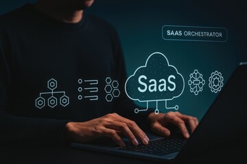 Exploring saas orchestration for business growth digital environment infographic insights remote workspace