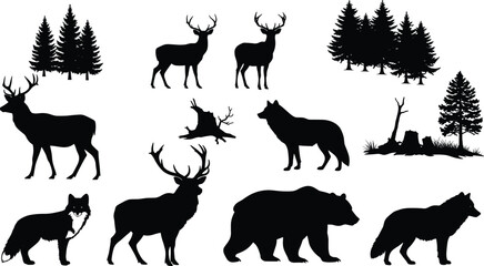 Wild forest animal silhouette illustration with deer, bear, wolf, and pine trees, nature wildlife design for outdoor adventure, hunting, and woodland scenery concept