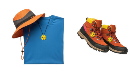 Isolated apparel with hat, t-shirt, necklace, and hiking boots arranged for outdoor activity