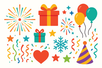 Festive celebration elements including fireworks gifts balloons confetti and party hat