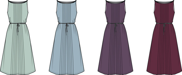 Fashion design technical flat illustration of a sleeveless belted maxi dress. Versatile garment template collection showing different colorways for apparel manufacturing