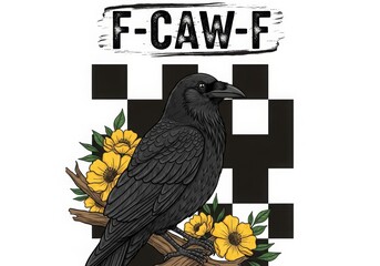 Illustration of a raven perched on a branch with yellow flowers isolated on white background