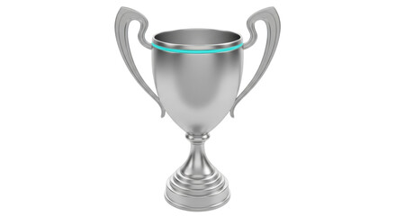Isolated Silver metal trophy cup reward with teal blue accent, championship prize concept