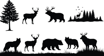 Wild forest animal silhouette vector illustration with deer, bear, and wolf in woodland nature scene, wildlife design for outdoor adventure concept
