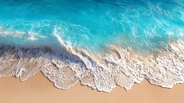 Aerial view of turquoise waves washing onto a sandy beach, white foam forming along the shoreline. Concept Aerial Beach View, Turquoise Waves, White Foam Shoreline, Sandy Beach, Coastal Landscape - Powered by Adobe