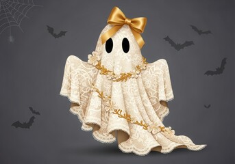 Illustration of a cute ghost with a golden bow and lace isolated on white background