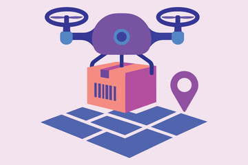 Modern drone delivering a package with a location pin and map grid