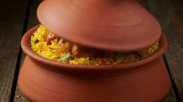 Traditional Indian Chicken Biryani Cooked in a Clay Pot Handi