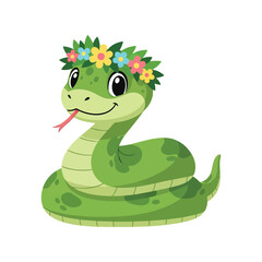Fototapeta premium Cute cartoon green snake wearing flower crown adorable reptile character vector