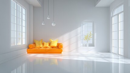 Modern bright interior design with orange sofa and sunlight