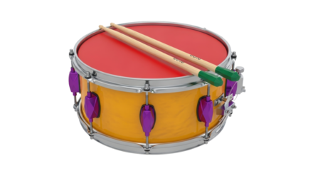 Isolated yellow snare drum with sticks, percussion instrument for rhythm music and marching band