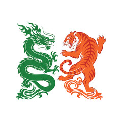 Fototapeta premium Powerful green dragon versus fierce orange tiger illustrative design vector