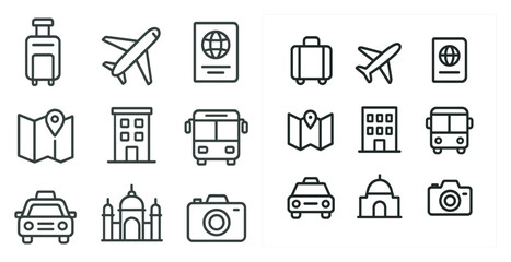 Travel and transportation icons set &ndash; outline, line, vacation symbols
