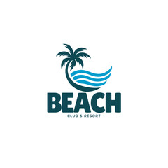 Dreamy beach club resort logo with palm tree and ocean waves, perfect for travel companies, vacations, sunny getaways, or tropical escapes