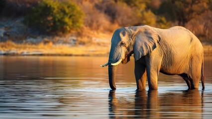 Fototapeta premium African elephant standing in a calm river at sunset, trunk dipped in water, warm golden light on its wrinkled skin. Concept Elephant in river at sunset, Trunk dipped in water