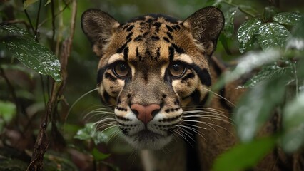 Obraz premium Tiger peeks through dense jungle foliage, intense amber eyes and long whiskers framed by green leaves. Concept Tiger in dense jungle, Amber-eyed gaze, Long whiskers, Green leaves framing