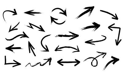 Black arrows artistic paint brush collection, crayon doodle chalk icons set. Hand drawn freehand different curved lines, swirls arrows. Direction pointers. Grunge scribble chalk marker drawing, Vector