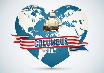 Illustration of happy columbus day with sailing ship on world heart background