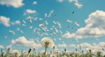 Dandelion seeds flying in the sky