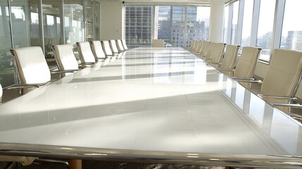 Modern conference room with long table and chairs ready for meeting