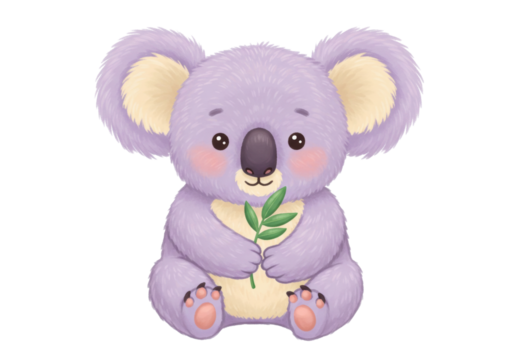 Isolated lavender koala with eucalyptus leaves adorable animal drawing illustration art