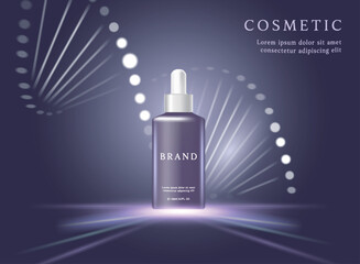 Cosmetic product ads template on black background with light and DNA.